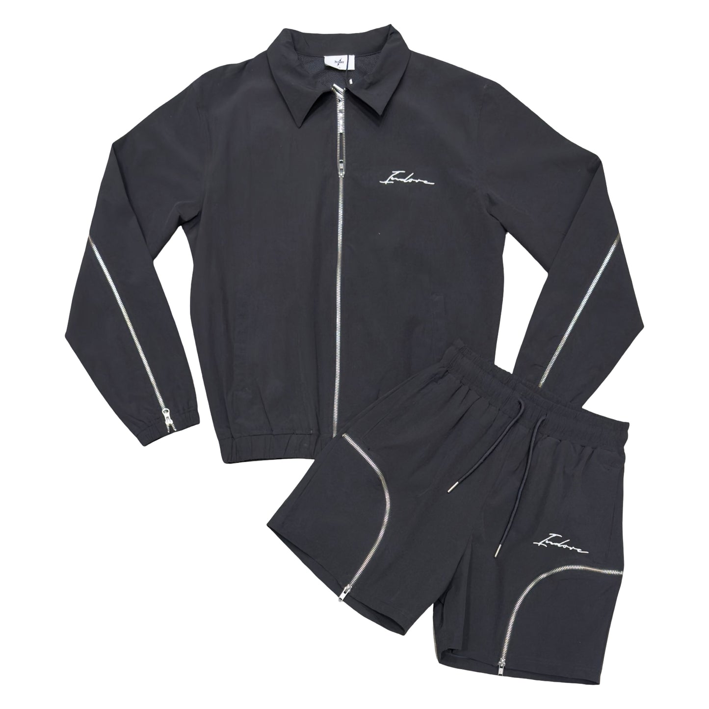 SIGNATURE NYLON ZIP SHORT SET - BLACK