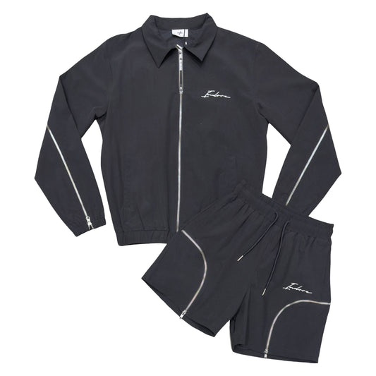 SIGNATURE NYLON ZIP SHORT SET - BLACK