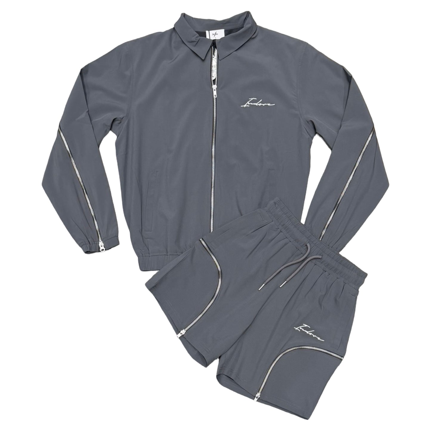 SIGNATURE NYLON ZIP SHORT SET - GRAY